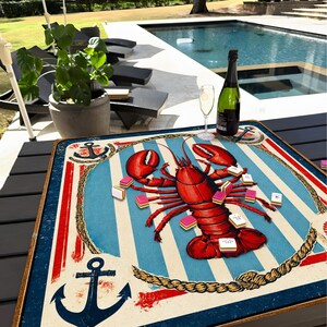 Vintage Lobster Mahjong Mat, Nautical Coastal Game Table Cover image 3