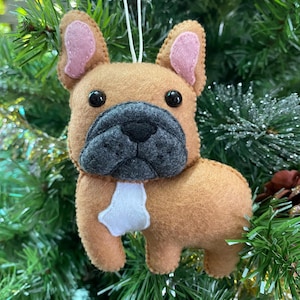 Handmade Felt French Bulldog Ornament, Wool Dog Christmas Decoration, Frenchie Hanging Ornament Gift for Dog Lovers