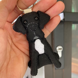 May include: Black felt dog keychain with a white chest patch, black bead eyes, and a stitched face. The dog has floppy ears and a beige fabric loop attached to a metal keyring. A cute accessory for dog lovers.