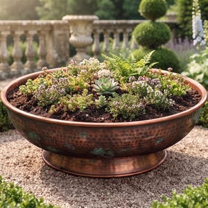 Könnte beinhalten: Eine große, runde Pflanzschale aus gehämmertem Kupfer mit einem Sockel, gefüllt mit dunkler Blumenerde und einer Vielzahl kleiner grüner Sukkulenten und Farne. Die Außenseite der Metallschale weist eine texturierte Oberfläche mit Kupfertönen auf.