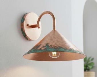 Handmade Copper Wall Sconce, Rustic Green Patina, Farmhouse Lighting