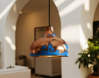 Handmade Moroccan Copper Pendant Light: Blue Patina Rustic Chandelier