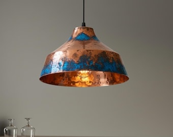 Hand Hammered Copper Pendant Light, Blue Patina Moroccan Lamp