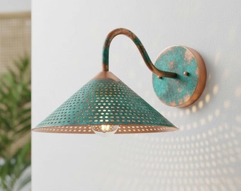 Green Patina Copper Wall Sconce, Rustic Industrial Light
