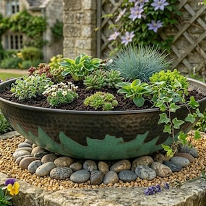 Peut inclure: Un grand pot en métal foncé rempli de diverses plantes succulentes vertes. Le bol a une finition texturée et un bord décoratif vert. Il repose sur un lit de petits cailloux et est entouré d'un jardin avec des fleurs et de la verdure.
