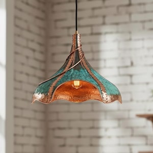 Handcrafted Copper Pendant Lamp, Verdigris Light Fixture, Rustic Kitchen Island Lighting