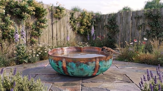 Handcrafted Metal Bird Bath Bowl, Moroccan Copper Outdoor Garden Birdbath, Rustic Decoration