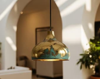 Hand Hammered Copper Pendant Light: Moroccan Green Patina Ceiling Lamp