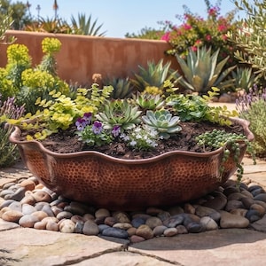 Peut inclure: Un grand bol en cuivre martelé de forme ronde avec un bord festonné, rempli de terre sombre et d'une variété de petites plantes succulentes vertes, de plantes retombantes et de petites fleurs violettes et blanches, posé sur des galets.