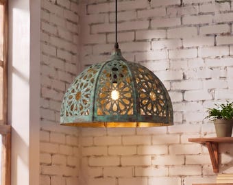 Moroccan Pierced Copper Pendant Light | Handmade Dome Lamp | Boho Ceiling Light Fixture