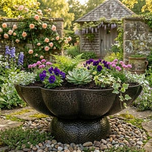 Könnte beinhalten: Ein großer, dunkler Metallpflanztopf mit einer Vielzahl bunter Blumen und Grünpflanzen in einem Garten. Der Pflanztopf steht auf einem Sockel und ist von kleinen Steinen umgeben. Der Garten verfügt über eine Steinmauer, ein kleines Holzgebäude und verschiedene Blumen.