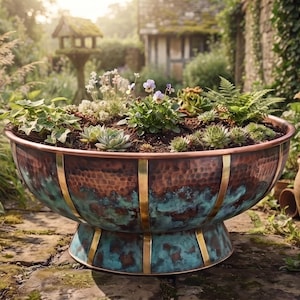 May include: A large, round, hammered copper planter with a pedestal base, featuring a weathered teal patina finish and vertical brass-coloured metal strips. The bowl is filled with various green succulents and small flowering plants in dark soil.