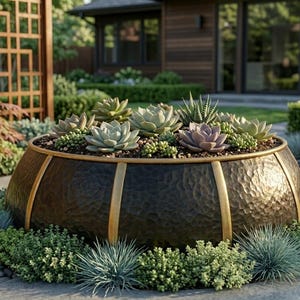 Pode incluir: Uma grande floreira redonda de metal martelado cheia de suculentas. A floreira castanha escura tem faixas verticais douradas e está num jardim com várias plantas e um caminho de pedra. Tema: decoração exterior.