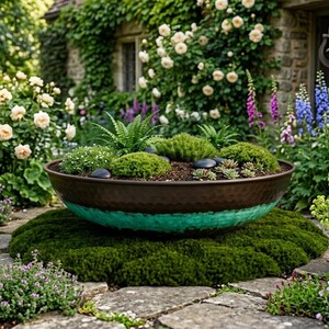 Peut inclure: Un grand bol de jardinière cuivré avec une bande turquoise, rempli de verdure et de petites plantes, repose sur un lit de mousse. Le jardin comprend des allées en pierre, des fleurs colorées et un bâtiment en pierre en arrière-plan.
