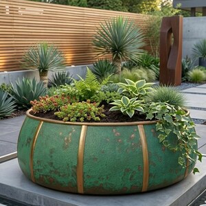 Peut inclure: Un grand pot rond vert avec des accents dorés, rempli de diverses plantes, repose sur une base en béton. Le pot est le point central d'un jardin moderne, entouré d'une verdure luxuriante, d'une clôture en bois et d'un point d'eau.