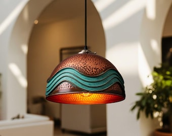 Handmade Moroccan Copper Pendant Light: Green Patina Industrial Hanging Lamp