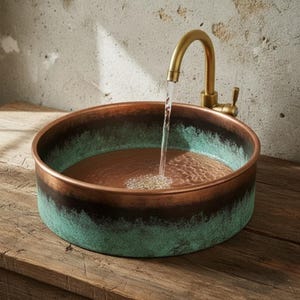 Puede incluir: Un lavabo redondo de color cobre con un acabado de verdín en el exterior. Un grifo de latón vierte agua en el lavabo. El lavabo está sobre una superficie de madera, con una pared texturizada en el fondo.