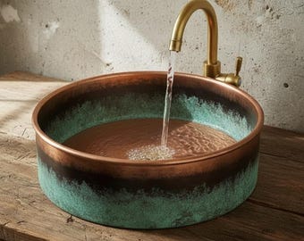 Fregadero de cobre martillado a mano: pátina verde, lavabo de estilo marroquí