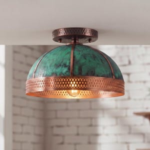 Verdigris Copper Dome Flush Mount | Handmade Ceiling Light | Rustic Boho Ceiling Fixture