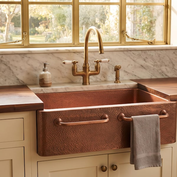 Luxury Handmade Copper Kitchen Sink, Rustic Hammered Farmhouse Sink