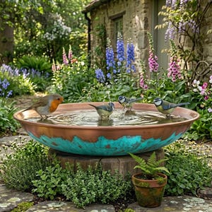 May include: A wide, shallow bird bath with a copper-colored interior and a weathered, turquoise-patina exterior. The basin is filled with water, and three small birds are perched on the rim and inside the water, creating ripples on the surface.