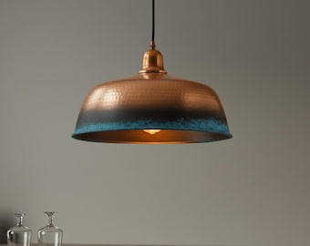 Hand Hammered Copper Pendant Light, Rustic Blue Patina Dome Lamp