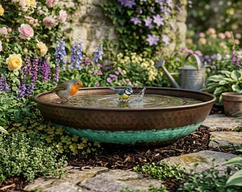 May include: A copper and turquoise bird bath with two birds in a lush garden setting. The bird bath is filled with water, and the garden features colorful flowers and greenery. A watering can and small terracotta pots are also visible.
