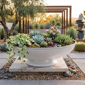 Puede incluir: Una gran maceta blanca en forma de cuenco sobre pedestal, llena de diversas suculentas, hiedra verde y pequeñas flores rosas. El cuenco presenta un exterior texturado y se asienta sobre una base cuadrada de mármol rodeada de piedras decorativas.