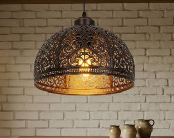 Hand-Hammered Moroccan Copper Dome Pendant Light, Rustic Chandelier Fixture