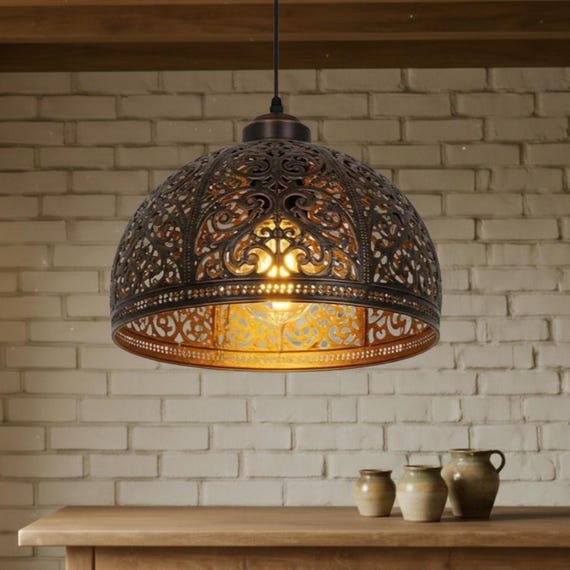 Hand-Hammered Moroccan Copper Dome Pendant Light, Rustic Chandelier Fixture