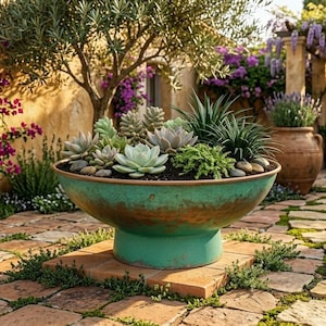 May include: A lush garden scene featuring a large, turquoise planter filled with succulents and small rocks. The planter sits on a brick patio, surrounded by other terracotta pots with plants, flowering vines, and a stone pathway.