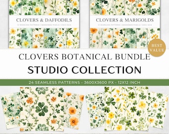 Paquete de patrones florales sin costuras de tréboles, papeles digitales botánicos con acuarela, vegetación, caléndula y narcisos, uso comercial, descarga digital.