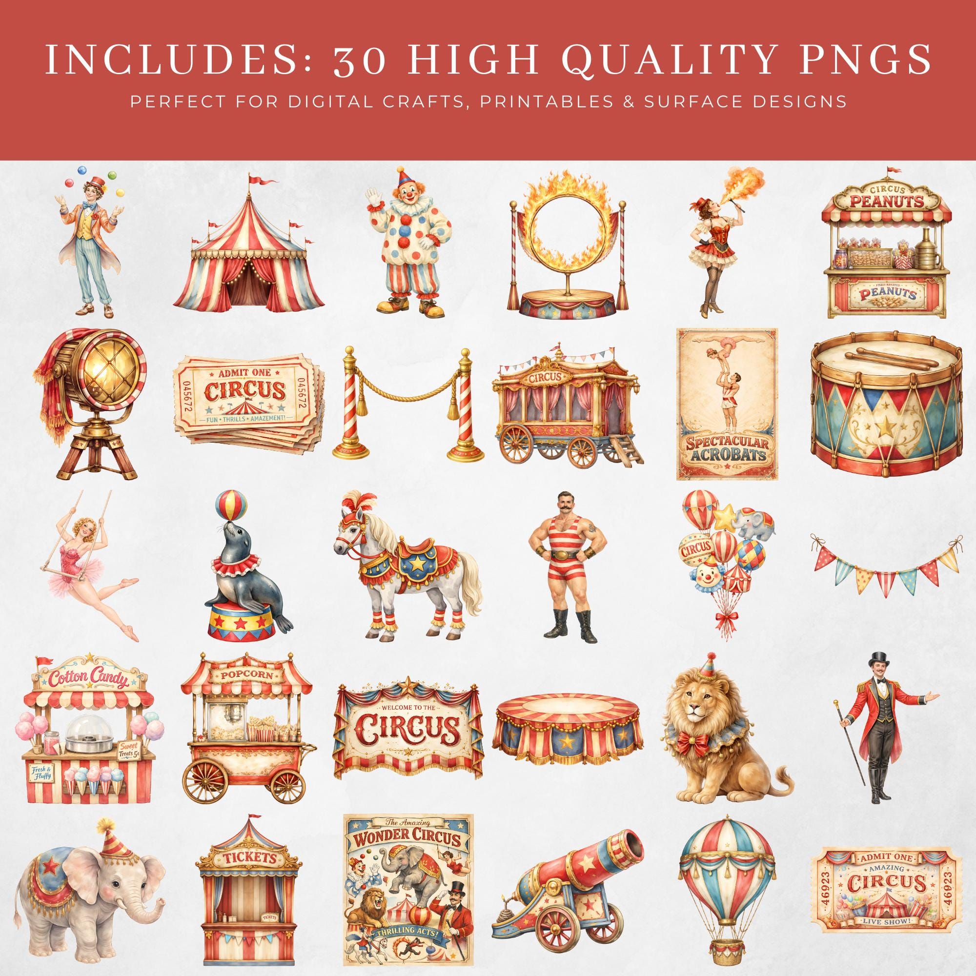 Vintage Circus Watercolor Clipart | Carnival Animals, Performers ...