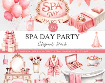 Spa Day Party Watercolor Clipart | 30 Self Care Pamper PNG | Girls Birthday Sleepover Relaxation | Commercial Use | Digital Download