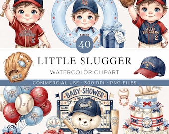 Imágenes prediseñadas de béisbol para baby shower / 40 Little Slugger en acuarela PNG / Invitación para baby shower de niño / Decoración de guardería / Es un niño / Uso comercial