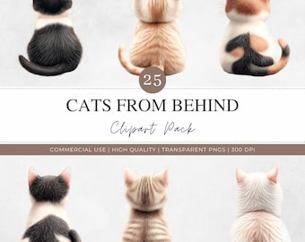 Imágenes prediseñadas PNG de gatos desde atrás, vista posterior en acuarela, arte neutro para guardería, ilustraciones de gatitos, descarga digital, uso comercial