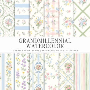 Watercolor Grandmillennial Seamless Patterns | 12 Pastel Floral JPG | Vintage Scrapbook Paper | Digital Repeating Pattern | Commercial Use