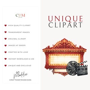 Crafted by Maddison shop quality card alongside Hollywood Movie Night Clipart PNG example showing a red ornate cinema marquee sign with marquee lights, film reel, and clapperboard. Lists key features including transparent images, 300 DPI, original clipart, and instant download. Signed by Maddie with CBM logo.