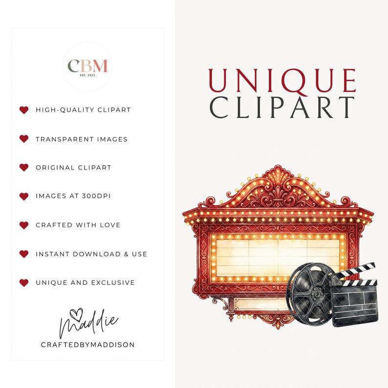 Crafted by Maddison shop quality card alongside Hollywood Movie Night Clipart PNG example showing a red ornate cinema marquee sign with marquee lights, film reel, and clapperboard. Lists key features including transparent images, 300 DPI, original clipart, and instant download. Signed by Maddie with CBM logo.