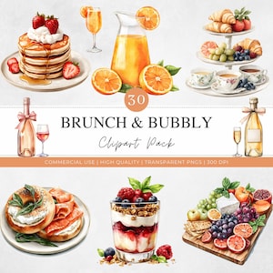May include: A watercolour illustration featuring brunch elements: pancakes, orange juice, croissants, bagels, parfaits, and a charcuterie board. The image includes the text "BRUNCH & BUBBLY Clipart Pack".