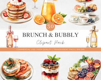 Clipart de brunch y champán, ilustraciones de acuarela de comida y bebida, desayuno, almuerzo, brunch nupcial, señalización de menús de cafetería, descarga digital