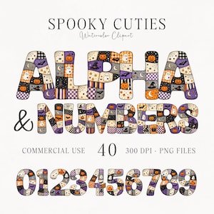 Może przedstawiać: Cyfrowy zestaw alfabetu i cyfr zatytułowany SPOOKY CUTIES Watercolor Clipart. Znaki mają wzór patchworkowy z motywami halloweenowymi, w tym dyniami, duchami, nietoperzami, kapeluszami czarownic i pajęczynami w kolorach pomarańczowym, fioletowym, czarnym i białym.