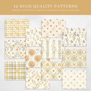 All 12 watercolor honey bee seamless patterns displayed in an overlapping scattered layout on a light grey background, showing the full variety of designs including plaids, stripes, damask, botanicals, and honeycomb styles.