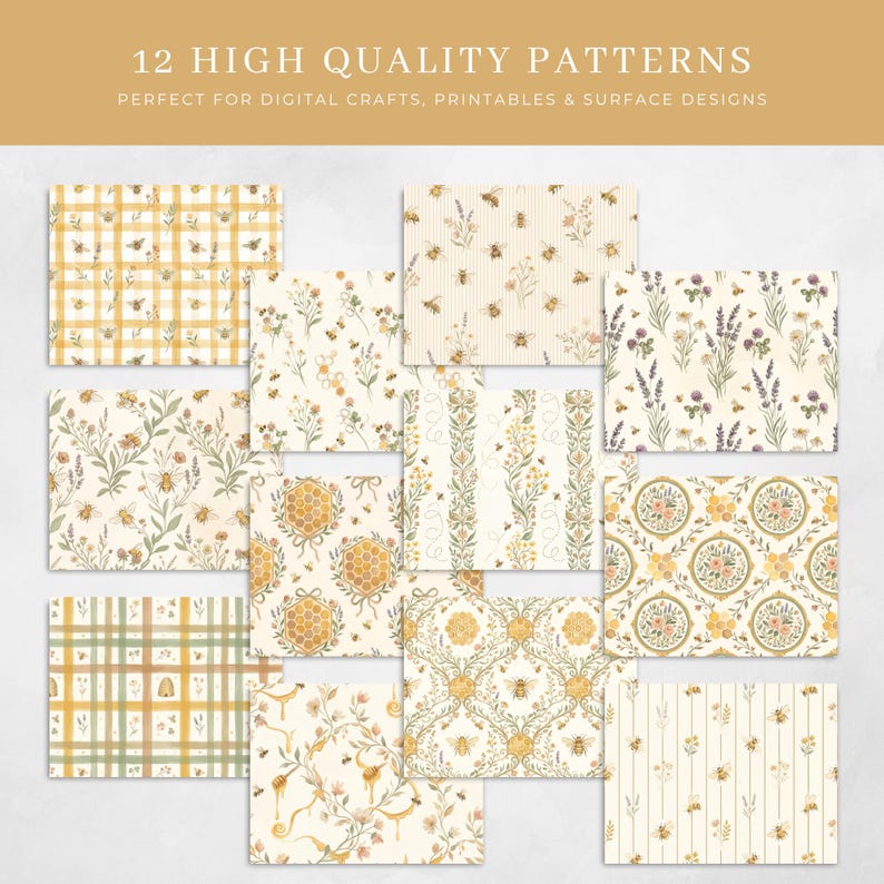 All 12 watercolor honey bee seamless patterns displayed in an overlapping scattered layout on a light grey background, showing the full variety of designs including plaids, stripes, damask, botanicals, and honeycomb styles.