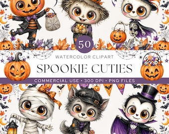 Whimsical Halloween Watercolor Clipart | 50 Spooky Cute Characters PNG | Witch Ghost Vampire Mummy | Trick or Treat Candy | Commercial Use