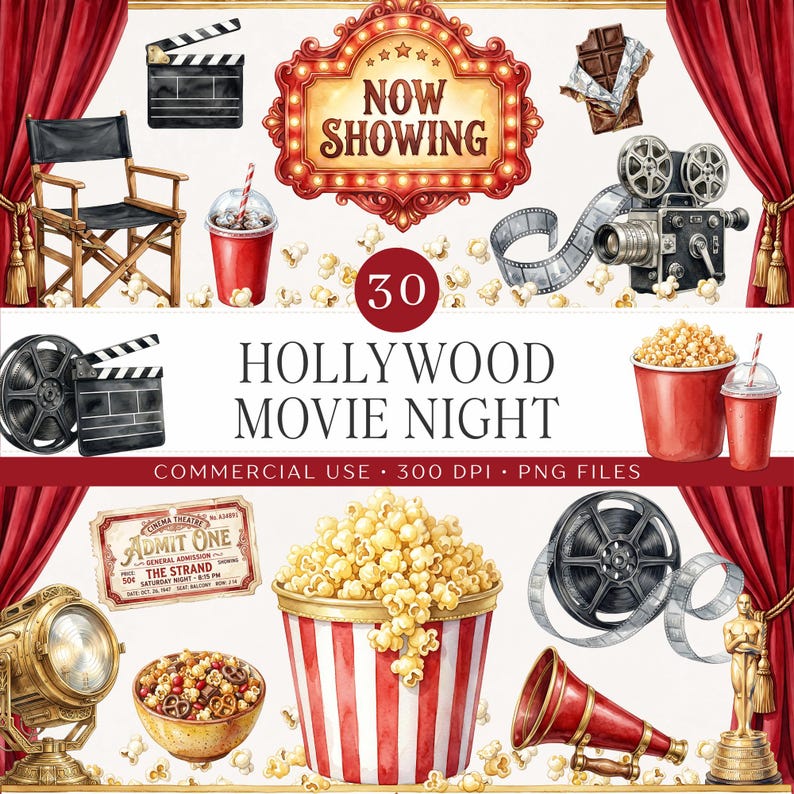 Hollywood Movie Night Clipart pack cover showing 30 watercolor PNG files. Features clapperboard, director's chair, Now Showing marquee sign, vintage film camera, film reel, admit one ticket, popcorn, gold spotlight, megaphone, and gold award statuette in rich red, gold and cream tones. Commercial use, 300 DPI PNG files.