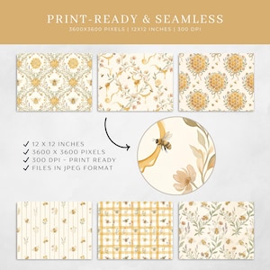Three watercolor honey bee seamless patterns displayed with a circular zoom detail showing close up quality, with a checklist confirming 12x12 inch size, 3600x3600 pixels, 300 DPI print ready, and JPEG format.