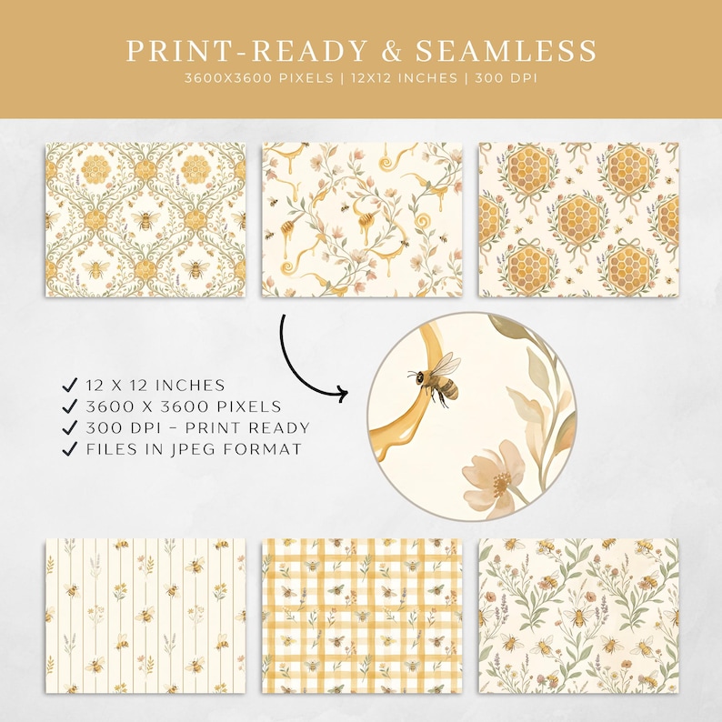 Three watercolor honey bee seamless patterns displayed with a circular zoom detail showing close up quality, with a checklist confirming 12x12 inch size, 3600x3600 pixels, 300 DPI print ready, and JPEG format.