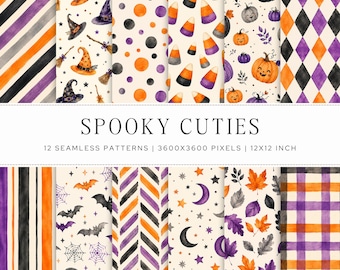 Spooky Cute Seamless Pattern | 12 Watercolor Whimsical Halloween JPG | Repeating Digital Paper Designs | Sublimation Design | Commercial Use