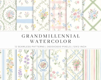 Patrones sin costuras de acuarela Grandmillennial / 12 JPG florales en tonos pastel suaves / Papeles digitales Preppy / Fondo vintage / Uso comercial